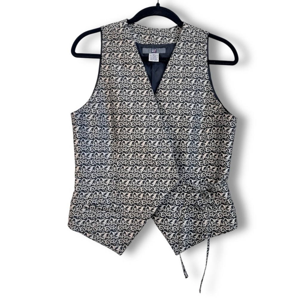 VTG Gap Silver Brocade Floral V neck Women’s Tie Front Vest- Dark Academia Style